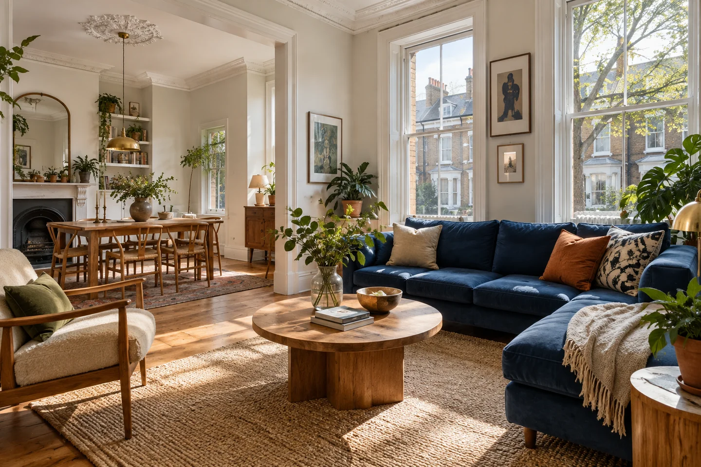 Sunlit London-style living room with a blue sofa and oak furniture